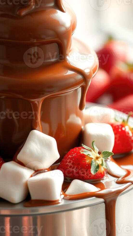 Close-up of Chocolate Fondue with Strawberries and Marshmallows photo