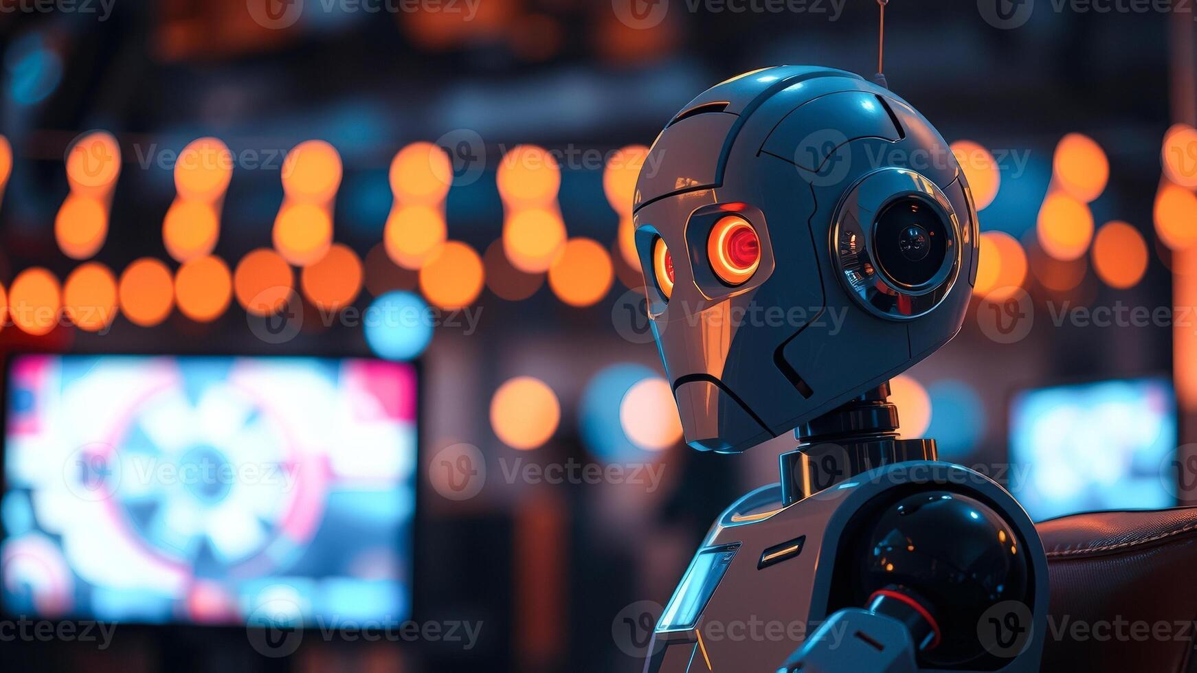 Futuristic Robot with Glowing Eyes Sitting on a Leather Chair in a Modern Setting photo