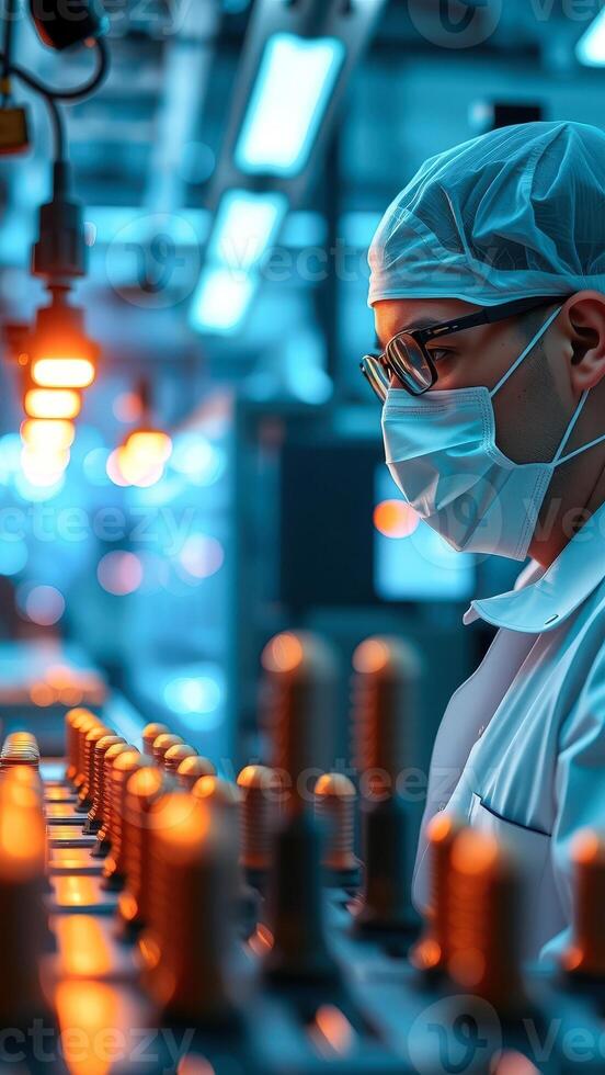 Close-up of a factory worker in a mask inspecting a production line photo