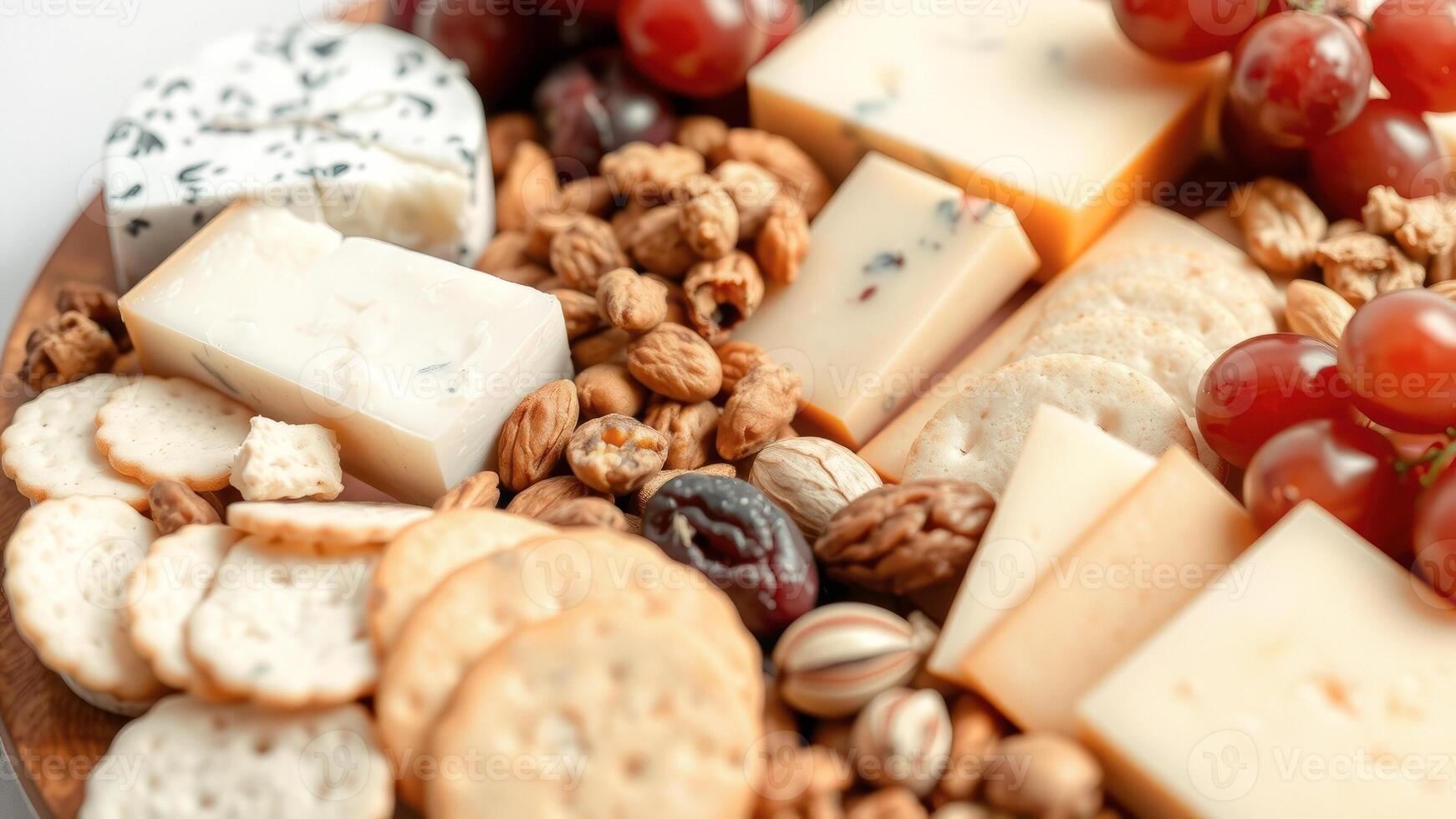 Close-Up of a Cheese Board with Crackers, Nuts, and Grapes photo