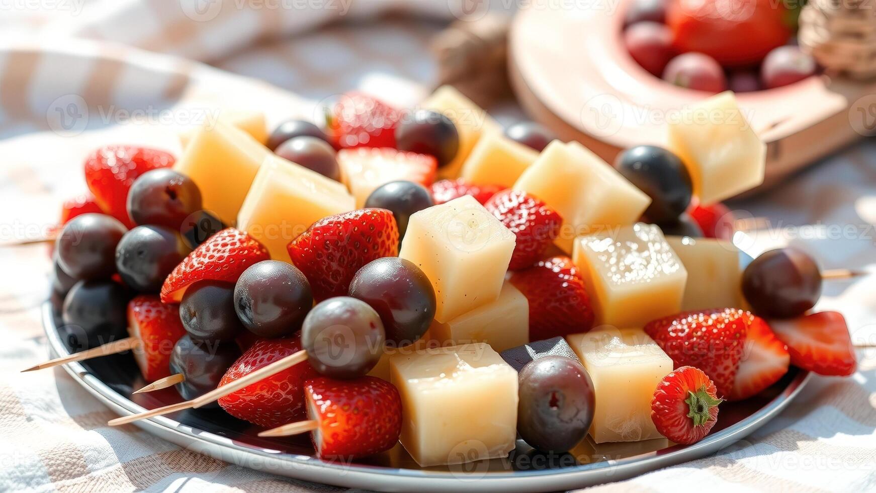Close up of a plate of fruit skewers with strawberries, grapes, and pineapple photo
