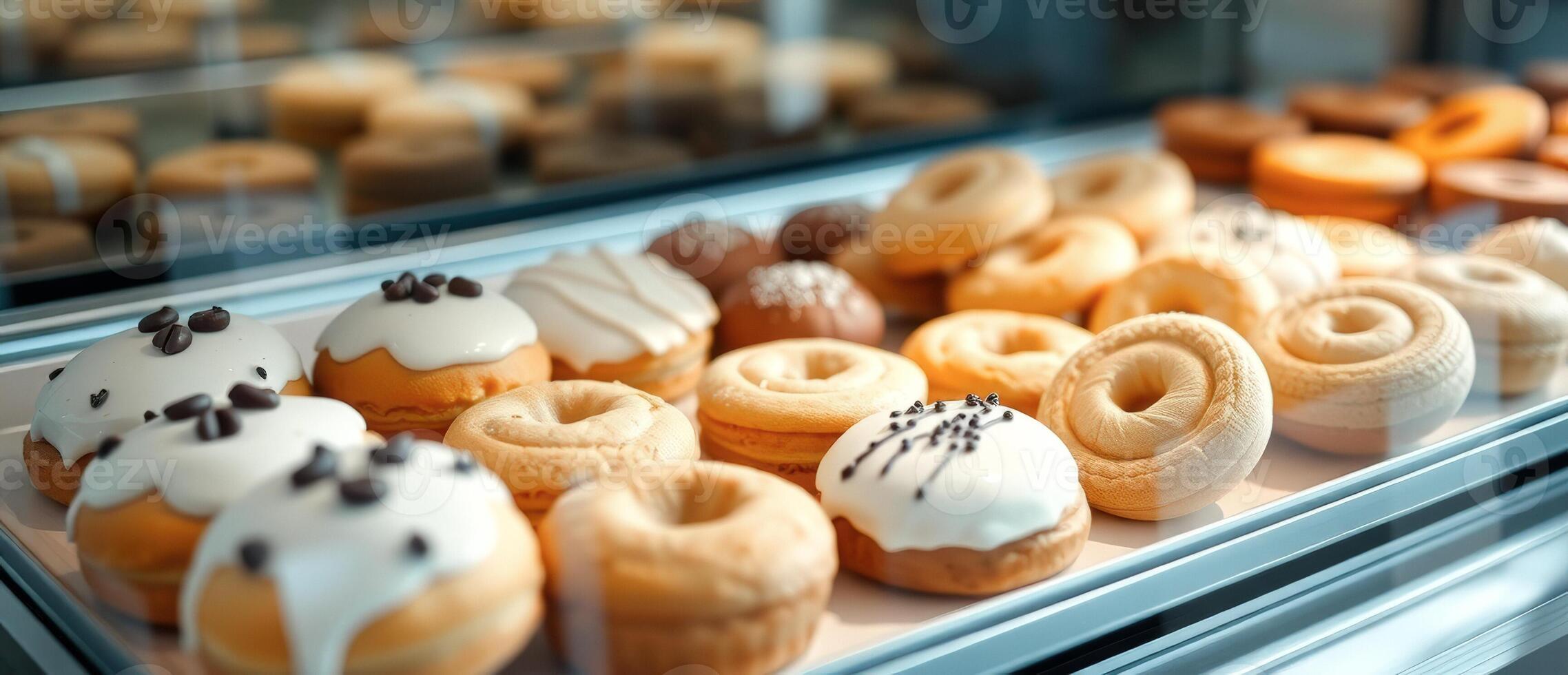 Freshly baked donuts in a bakery display case photo