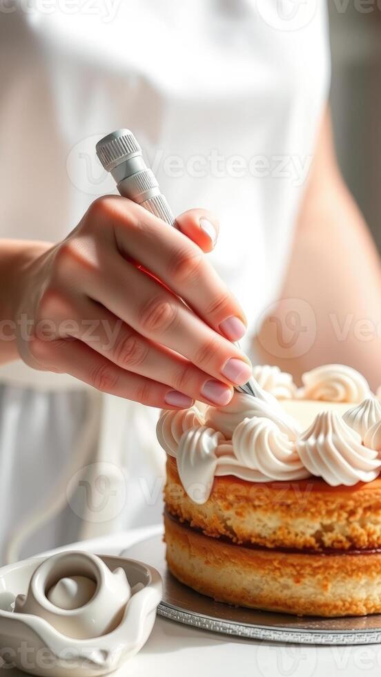 Close up of a hand decorating a cake with white frosting photo