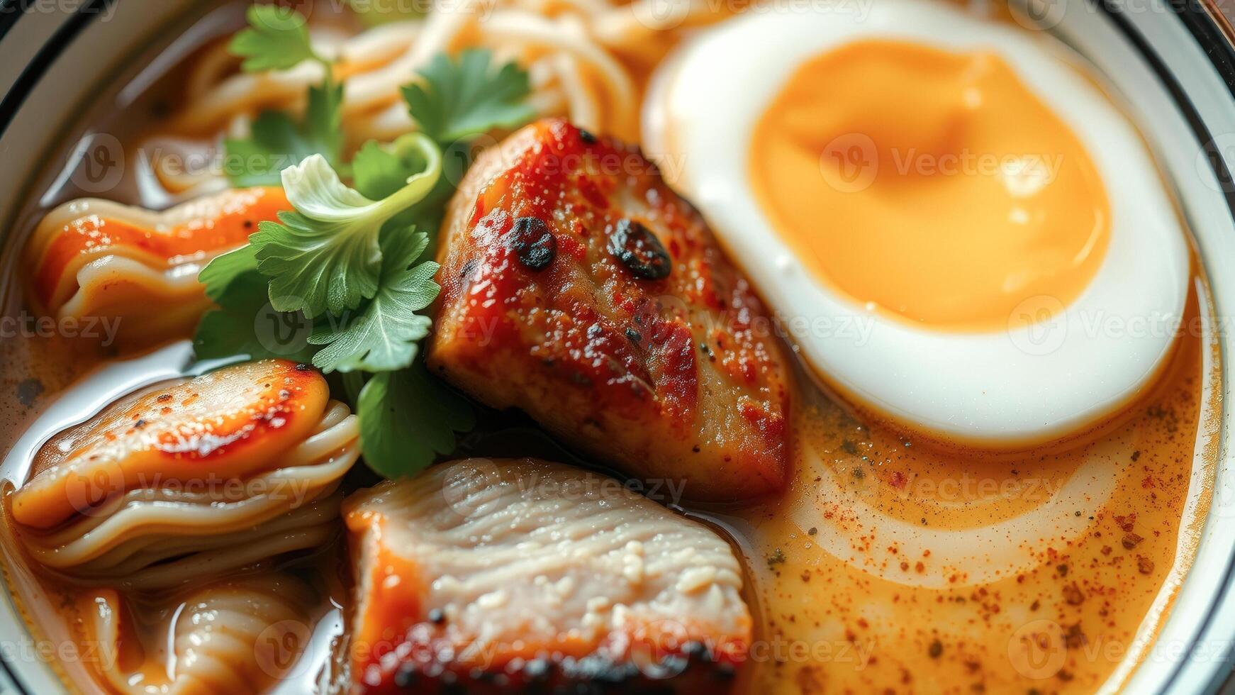 Close-up of a Bowl of Ramen Noodles with Soft-Boiled Egg photo