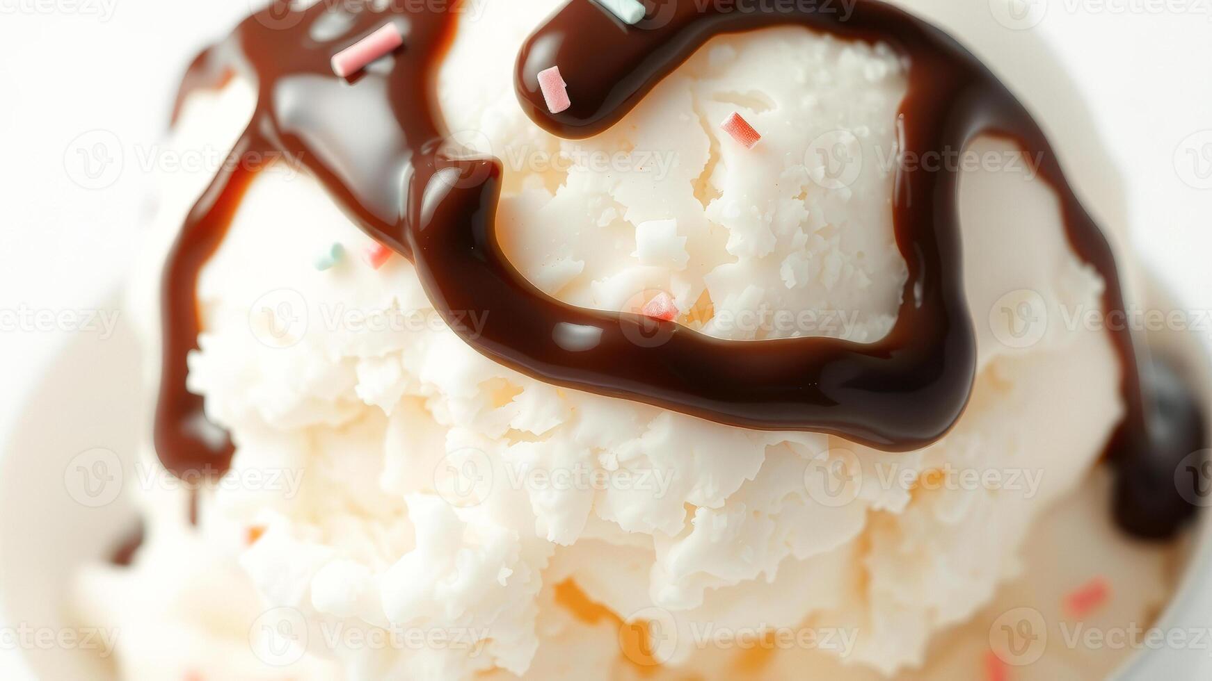 Closeup of Vanilla Ice Cream with Chocolate Sauce and Sprinkles photo