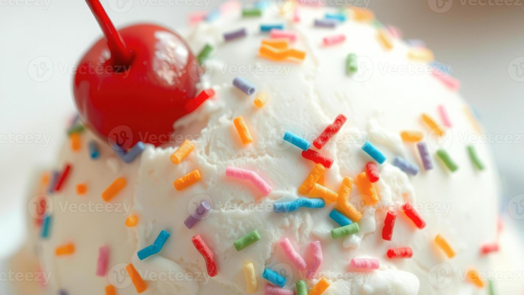 Closeup of White Ice Cream with Sprinkles and a Cherry photo