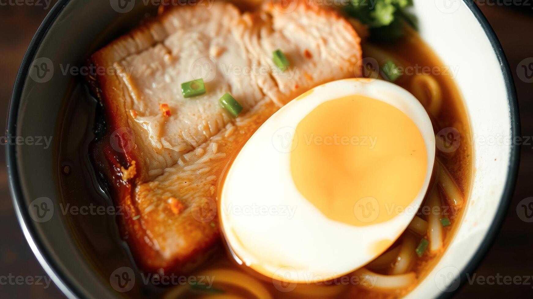 Close Up of Ramen with Pork and Egg photo