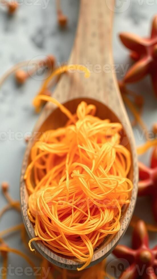 Close Up of Safflower Threads in Wooden Spoon photo