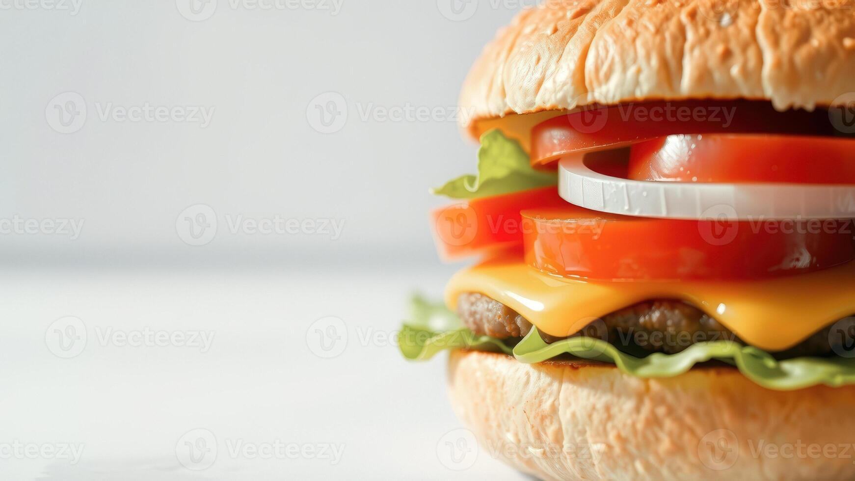 Close-up of a juicy cheeseburger with fresh toppings photo