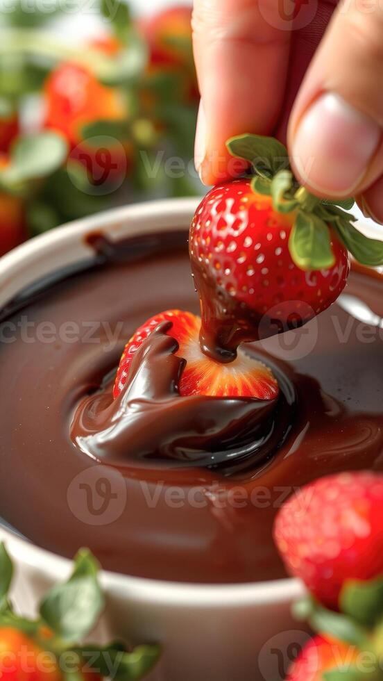 Close-up of a Strawberry Dipped in Melted Chocolate photo