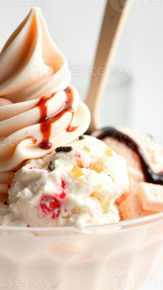 Closeup of Delicious Vanilla Ice Cream with Chocolate Syrup and Toppings photo