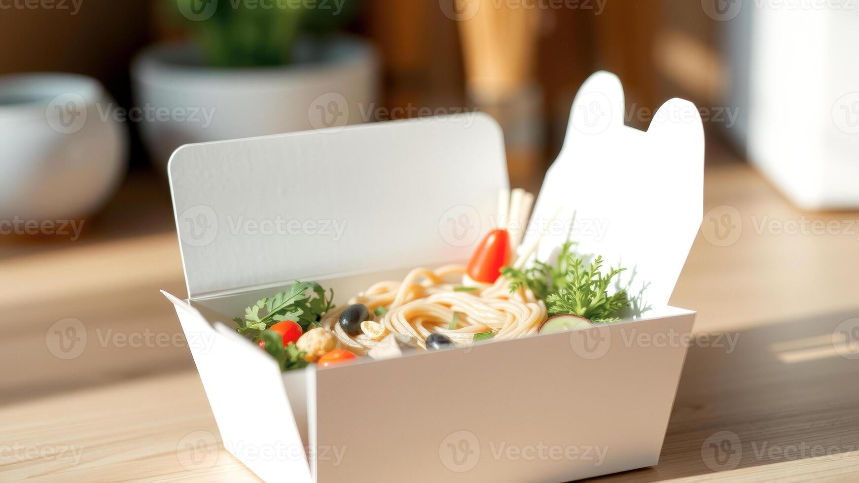 Pasta Salad in a White Takeout Box on a Wooden Table photo