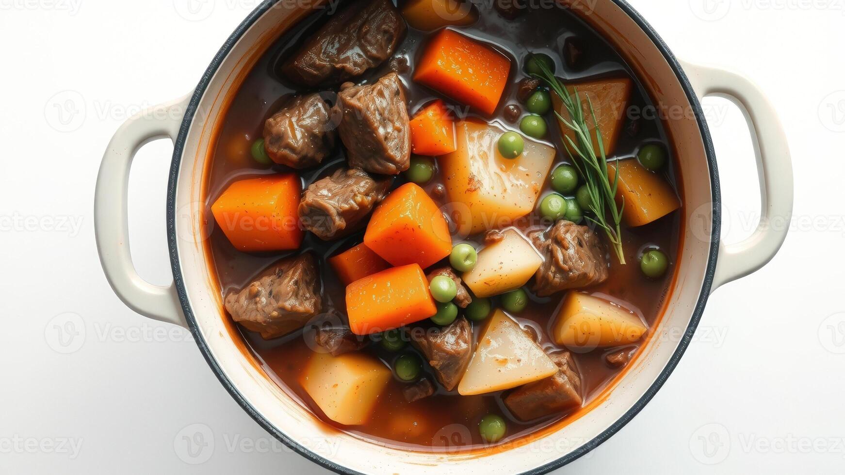 Beef stew in a white pot photo