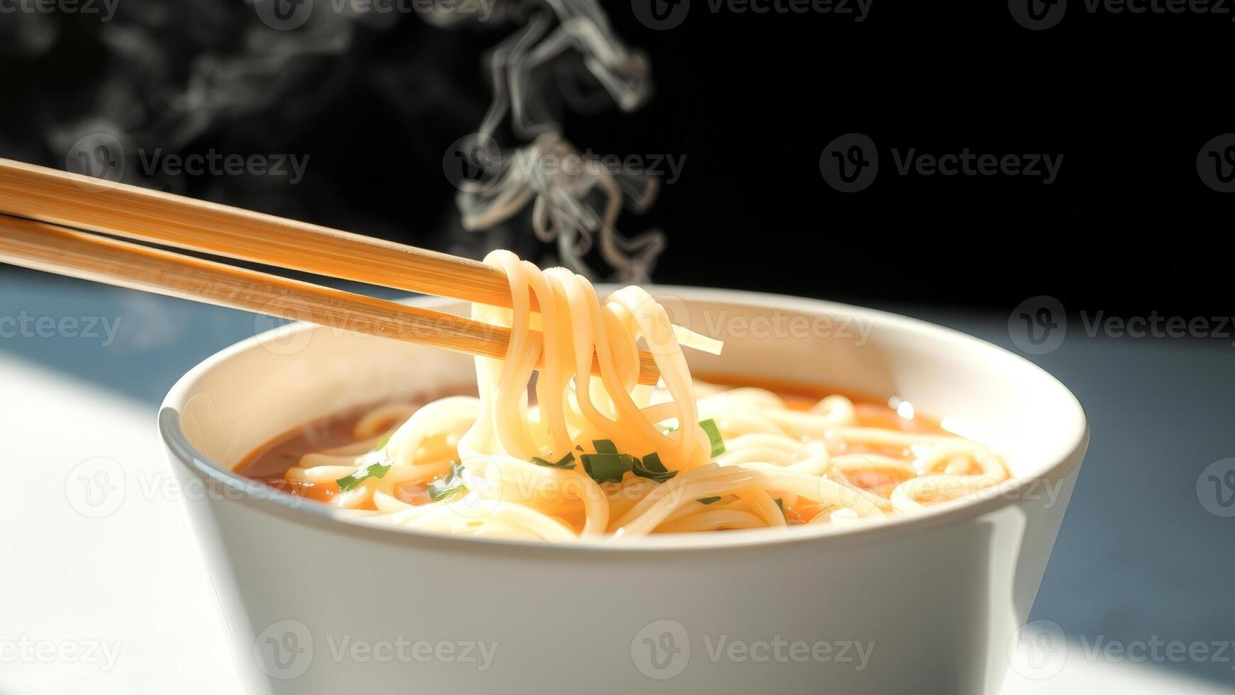 Close Up of Steaming Noodles Being Lifted from a Bowl with Chopsticks photo