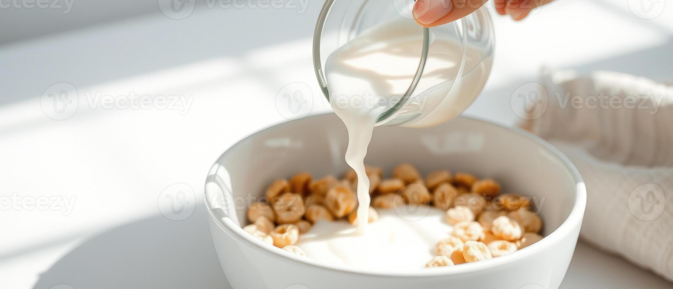 Pouring milk into a bowl of cereal photo