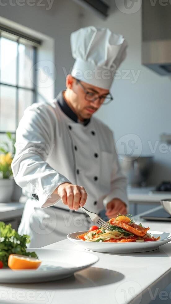 Chef preparing a gourmet meal in a modern kitchen photo