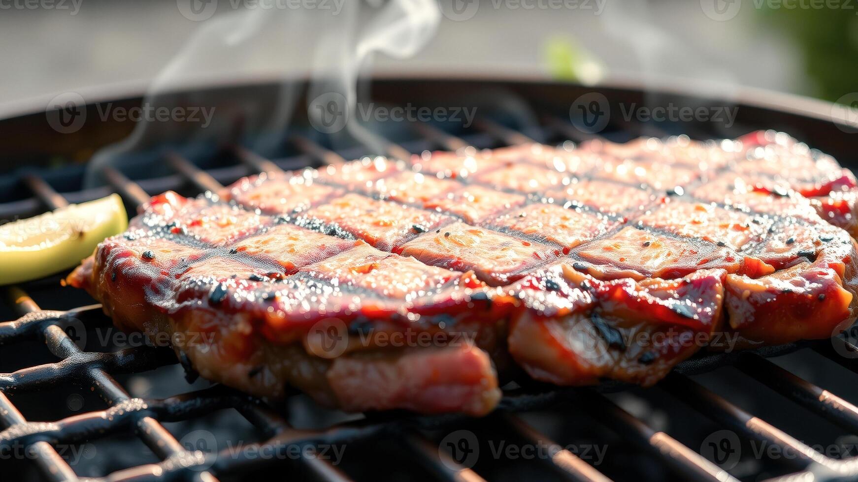 Close up of juicy steak grilling on a barbecue grill photo