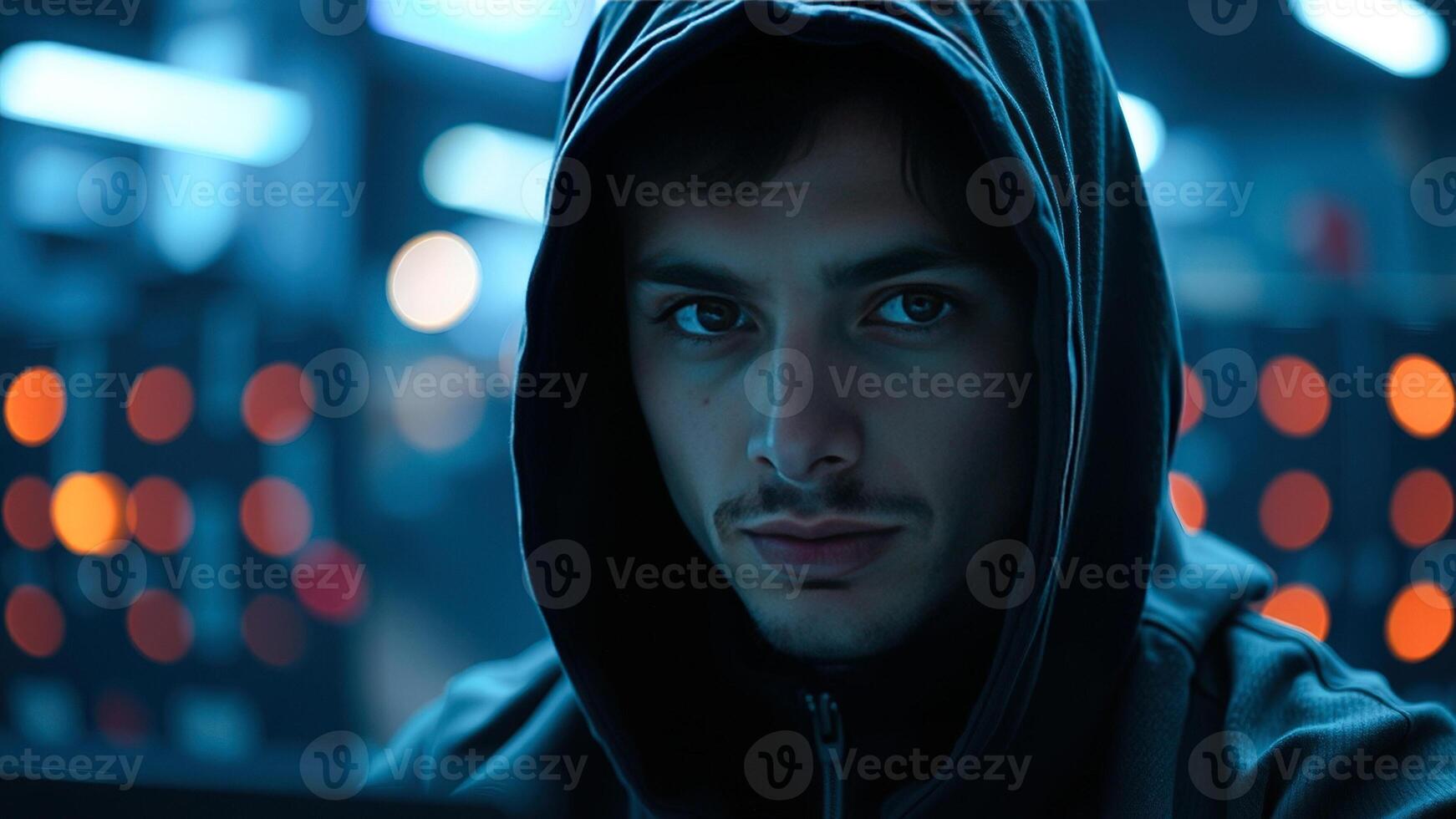 Close-up of a young man in a hoodie, looking intently at something photo
