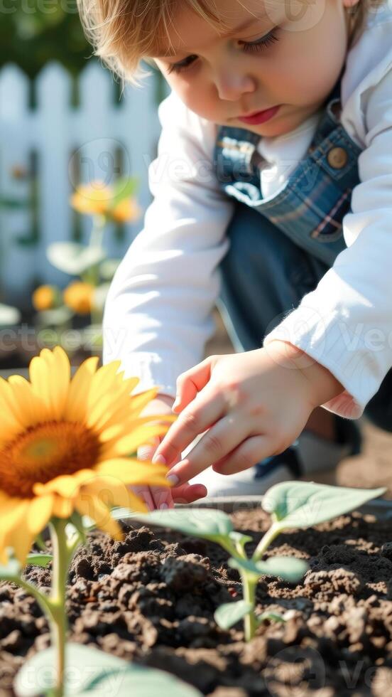 Little Girl Examining Sunflowers in Garden photo