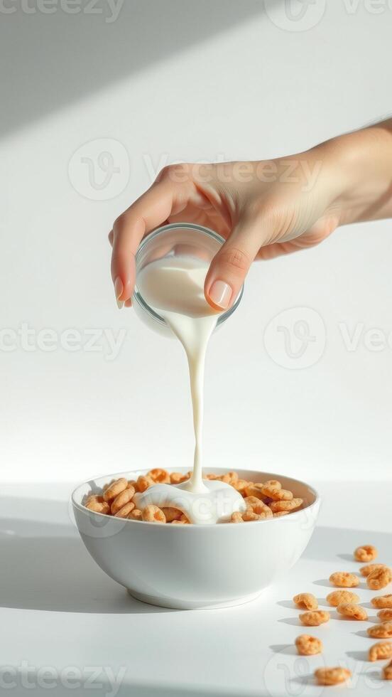 Pouring milk into a bowl of cereal photo