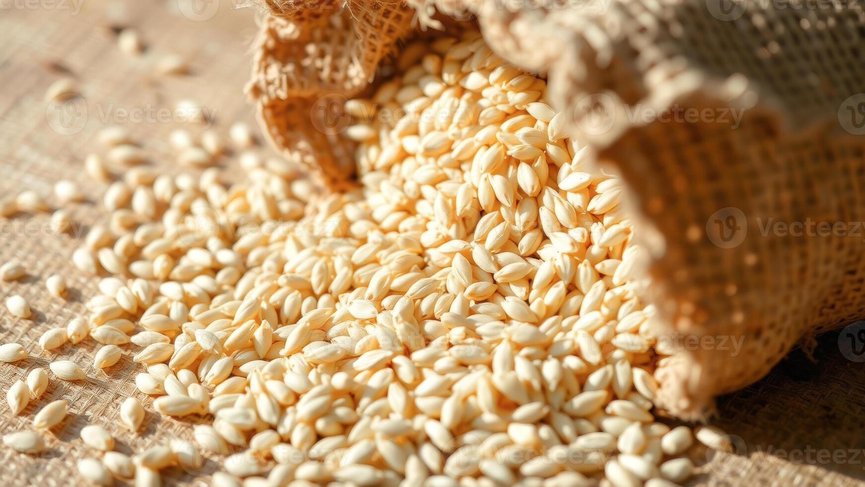 Close Up of White Grain Seeds Spilling From a Burlap Sack photo