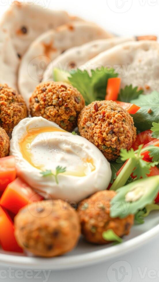 Falafel with pita bread, tomatoes, parsley and tahini sauce photo