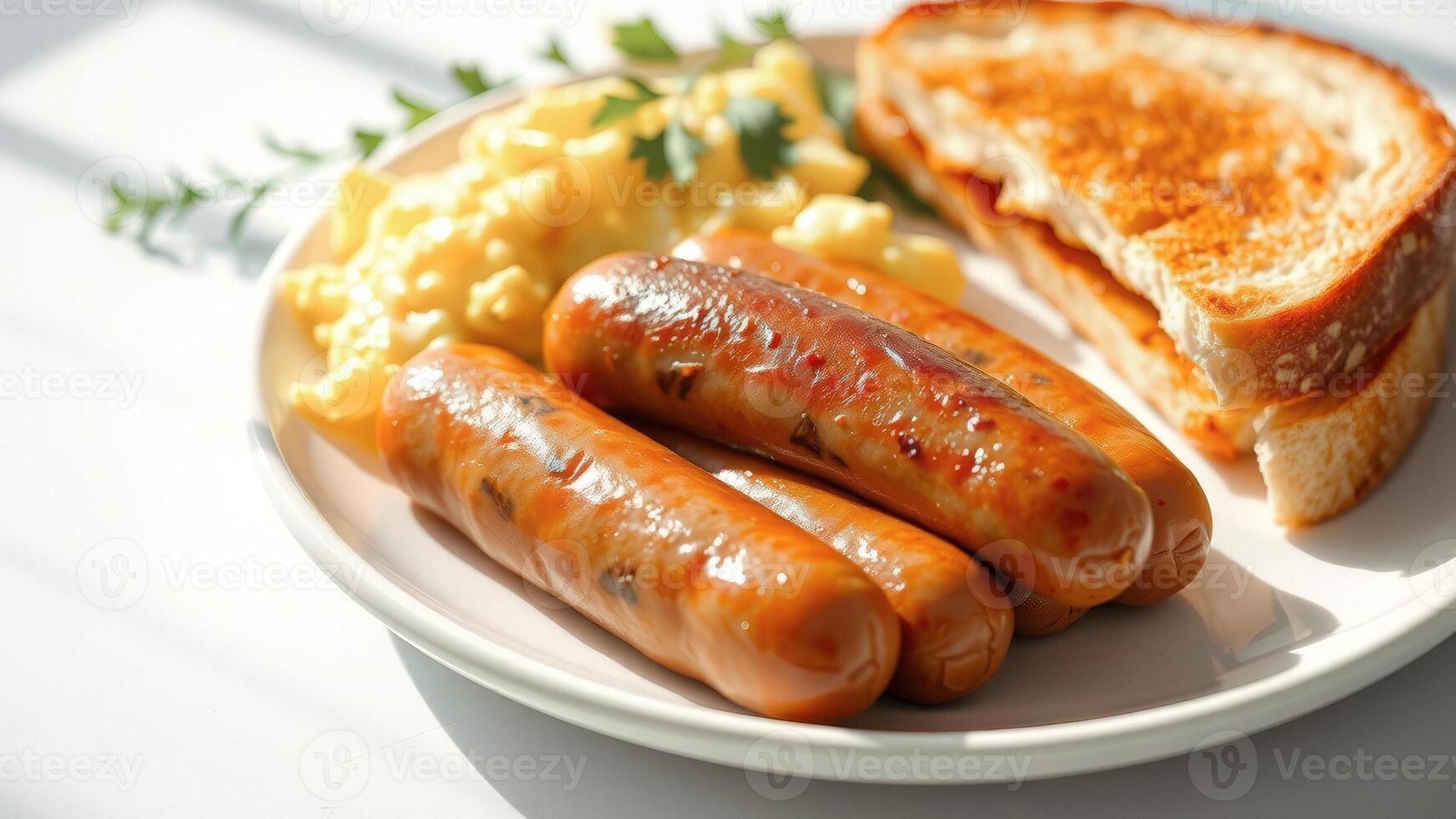 Close Up Of Grilled Sausages On A Plate With Scrambled Eggs And Toast photo