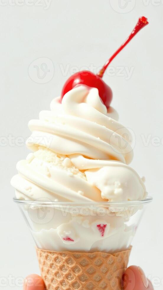 Close-up of a vanilla ice cream cone with a cherry on top photo