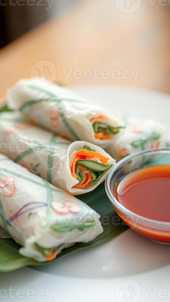 Fresh spring rolls with dipping sauce on a white plate photo