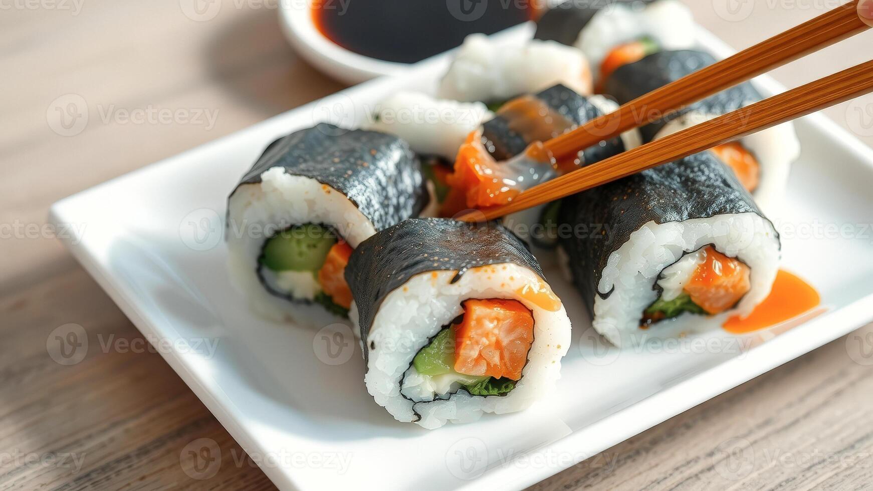Close-up of Sushi Rolls with Chopsticks photo