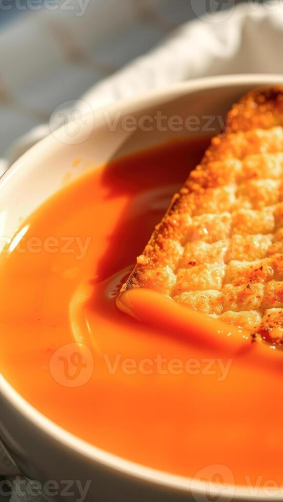 Close Up of Orange Soup with Bread photo