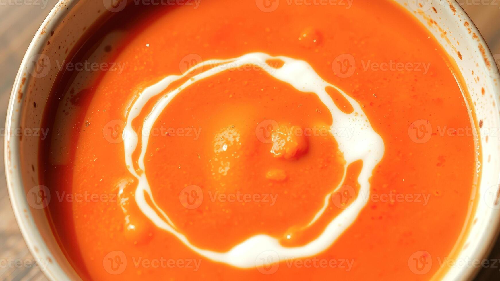 Close-up of a Bowl of Tomato Soup with Cream photo