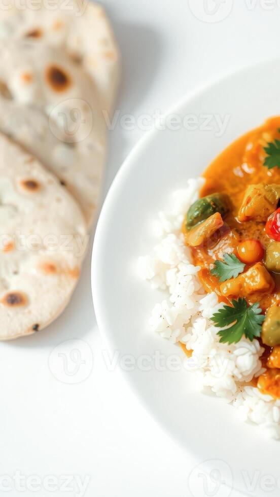 Indian Curry with Rice and Naan Bread photo