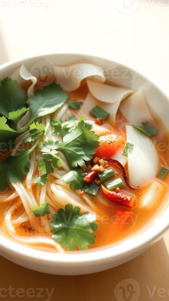 Close-up of a bowl of Asian soup with noodles, vegetables, and meat photo