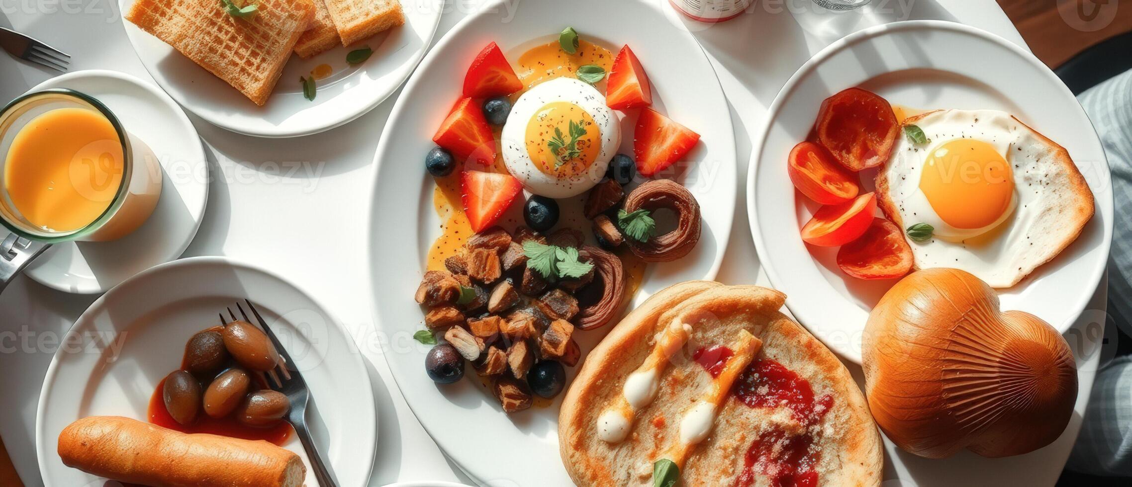 Delicious Breakfast with Fried Eggs, Waffles, and Fruit photo