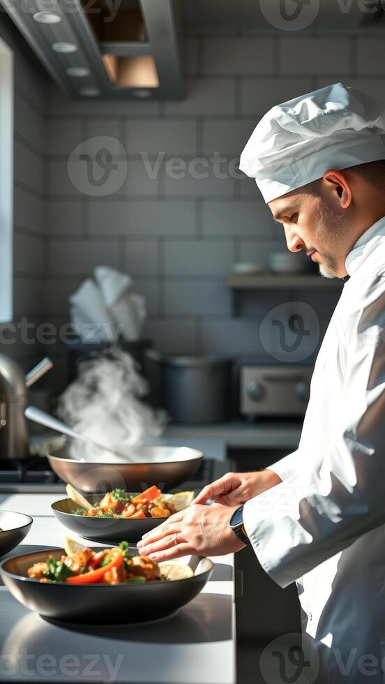 Chef plating food in a professional kitchen photo