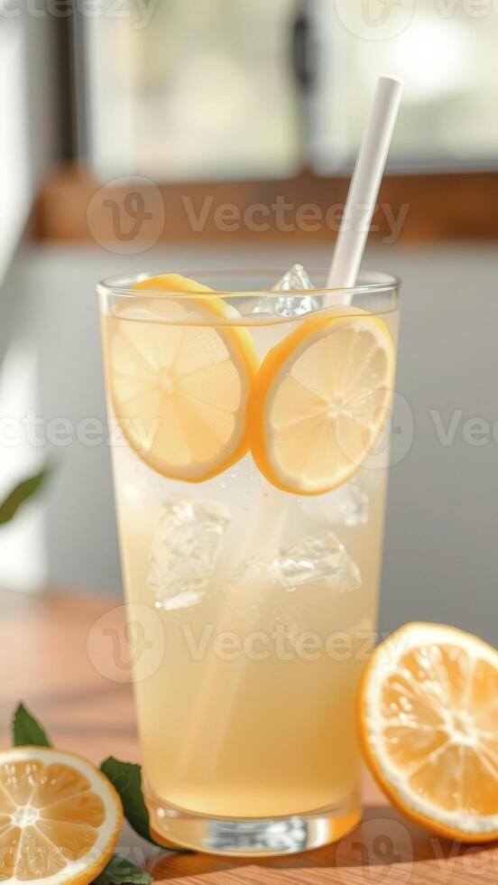 Lemonade with Lemon Slices and Ice in a Glass photo