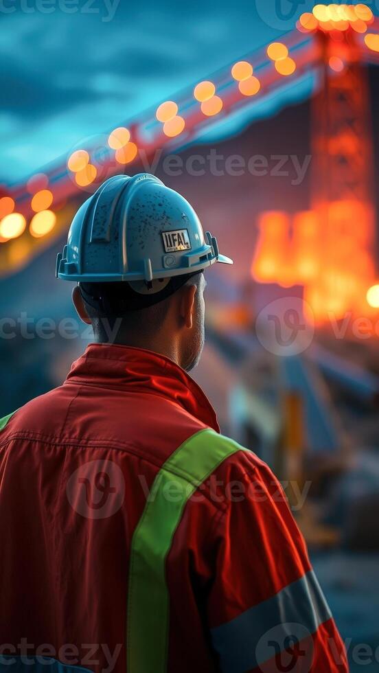 Construction worker wearing a hard hat and safety vest stands in front of a blurred background of a construction site at night photo