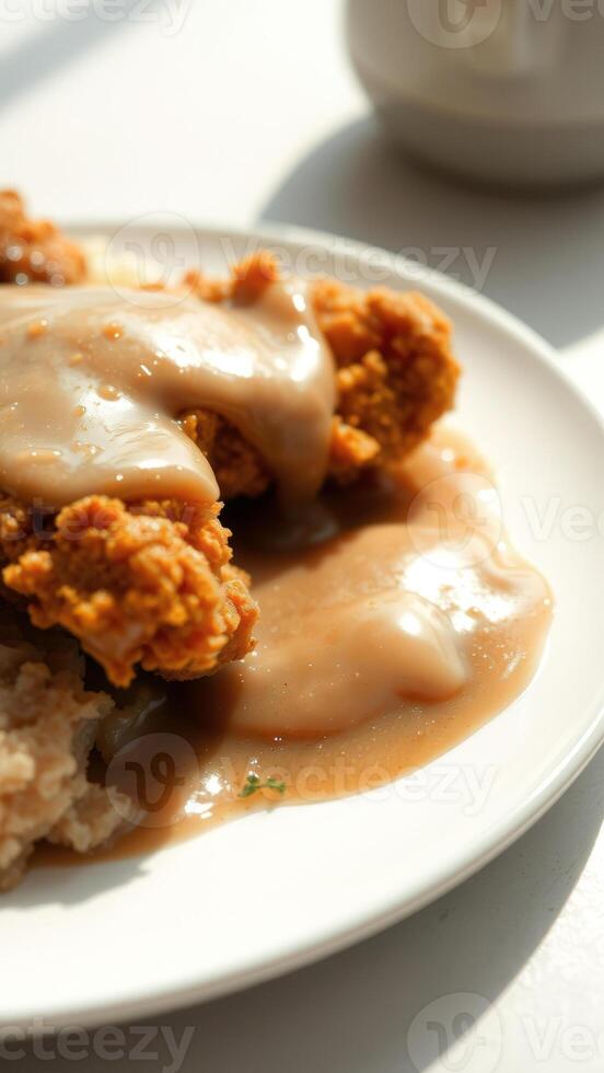 Close-up of chicken fried steak with gravy photo