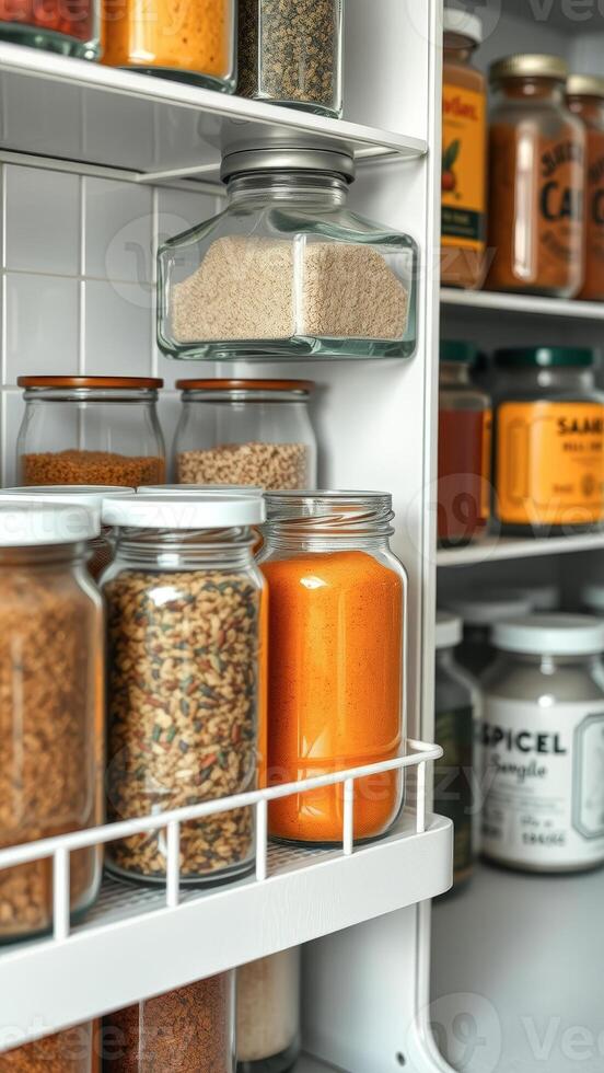 Spices and Herbs Organized in Glass Jars on a White Shelf photo