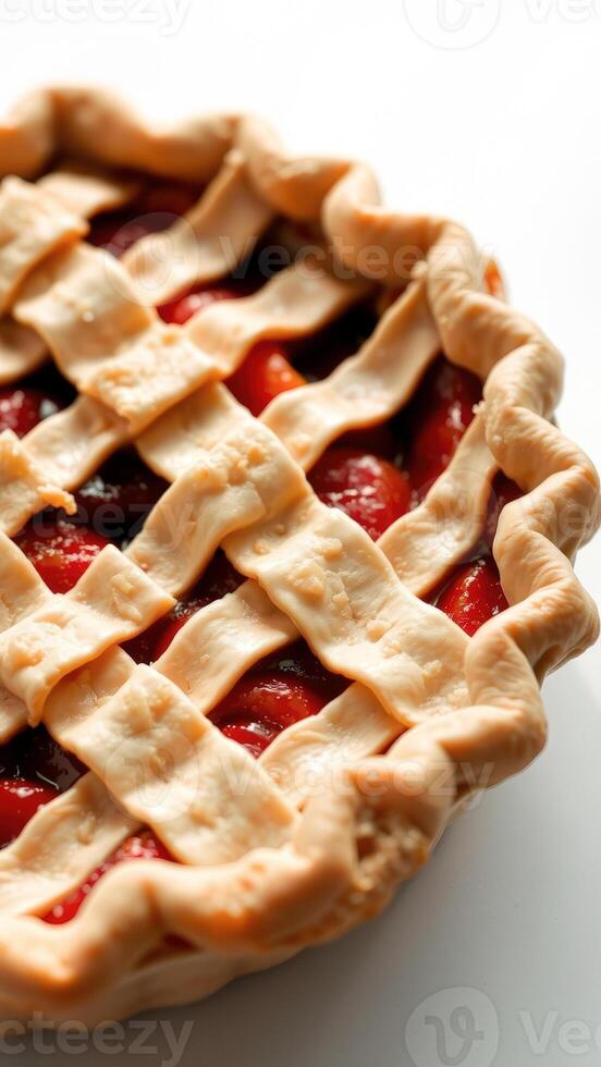 Close-up of a lattice-topped pie with a red fruit filling photo
