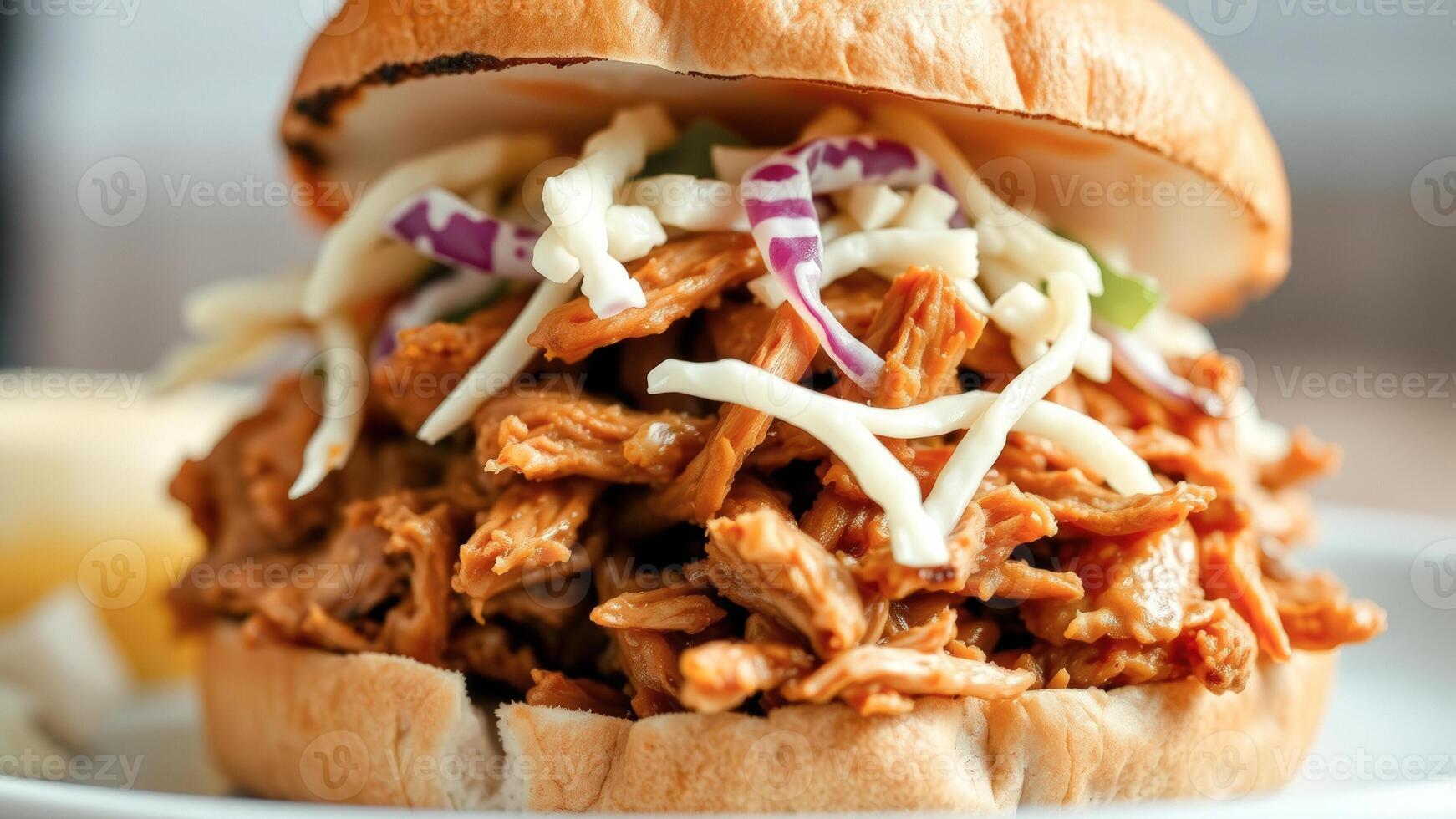Closeup of Pulled Pork Sandwich with Red Onion and Cheese photo