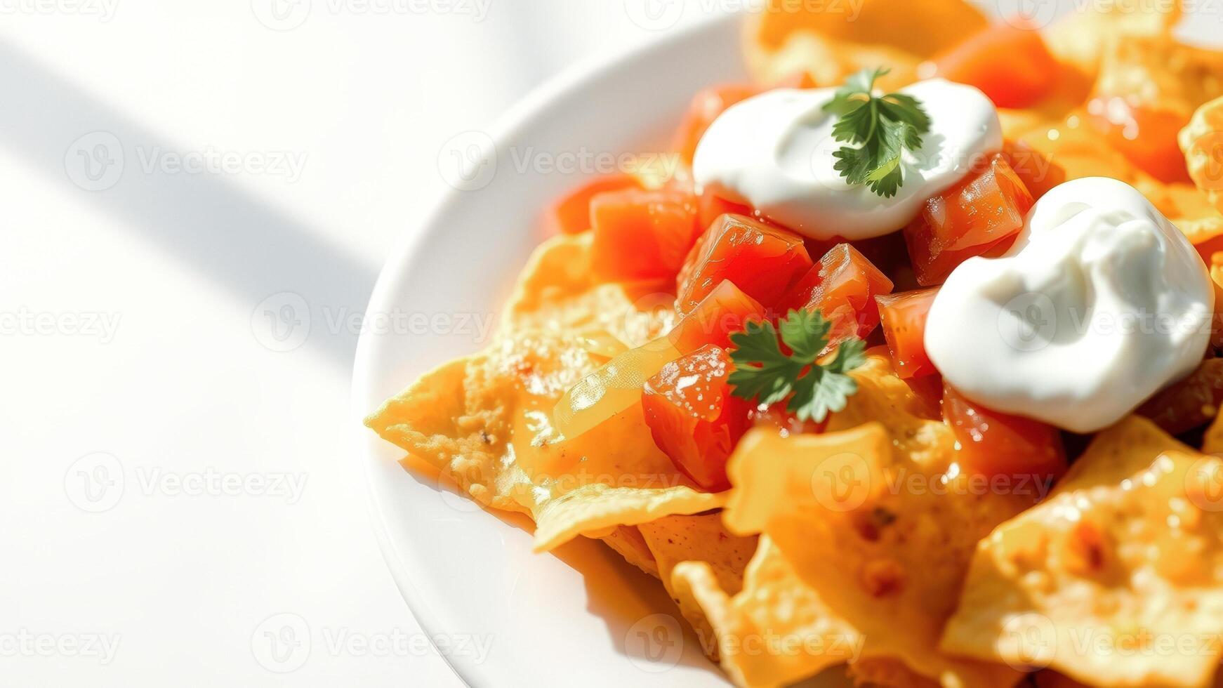 Close-up of Nachos with Sour Cream and Tomatoes photo