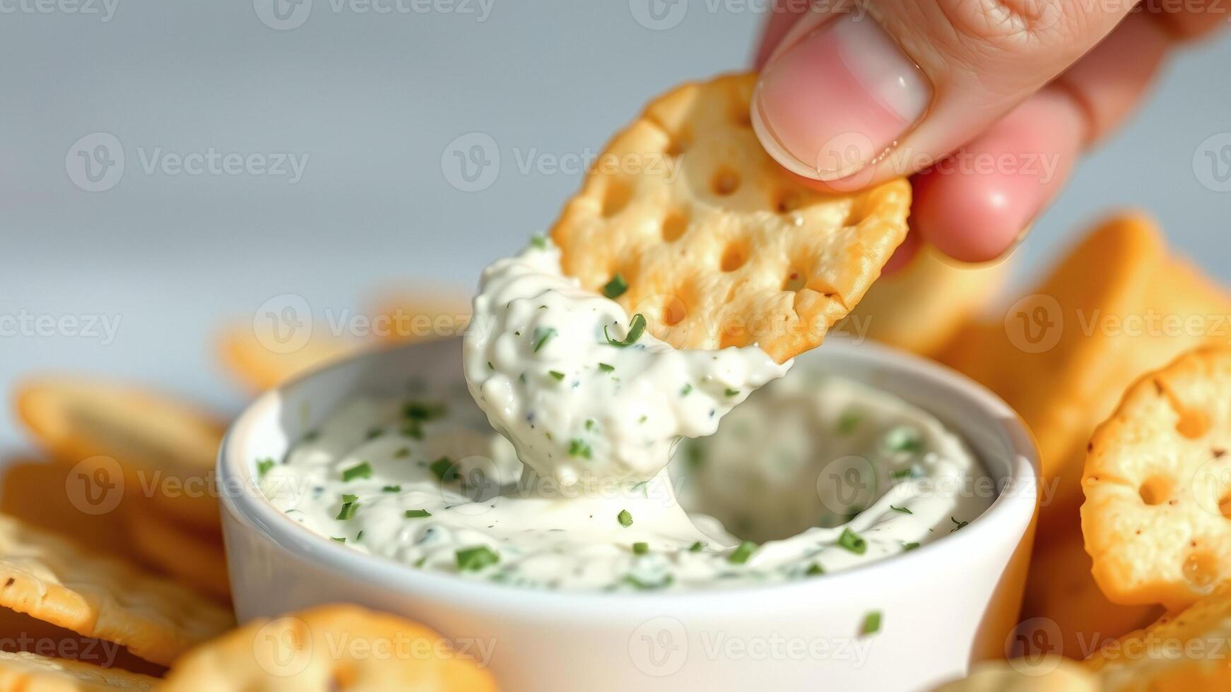 Close-up of a cracker dipped in creamy herb dip photo