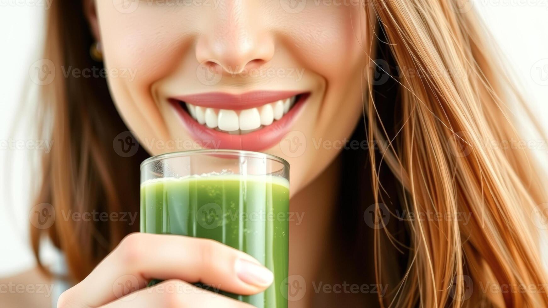 Close-up of a woman smiling while drinking a green smoothie photo