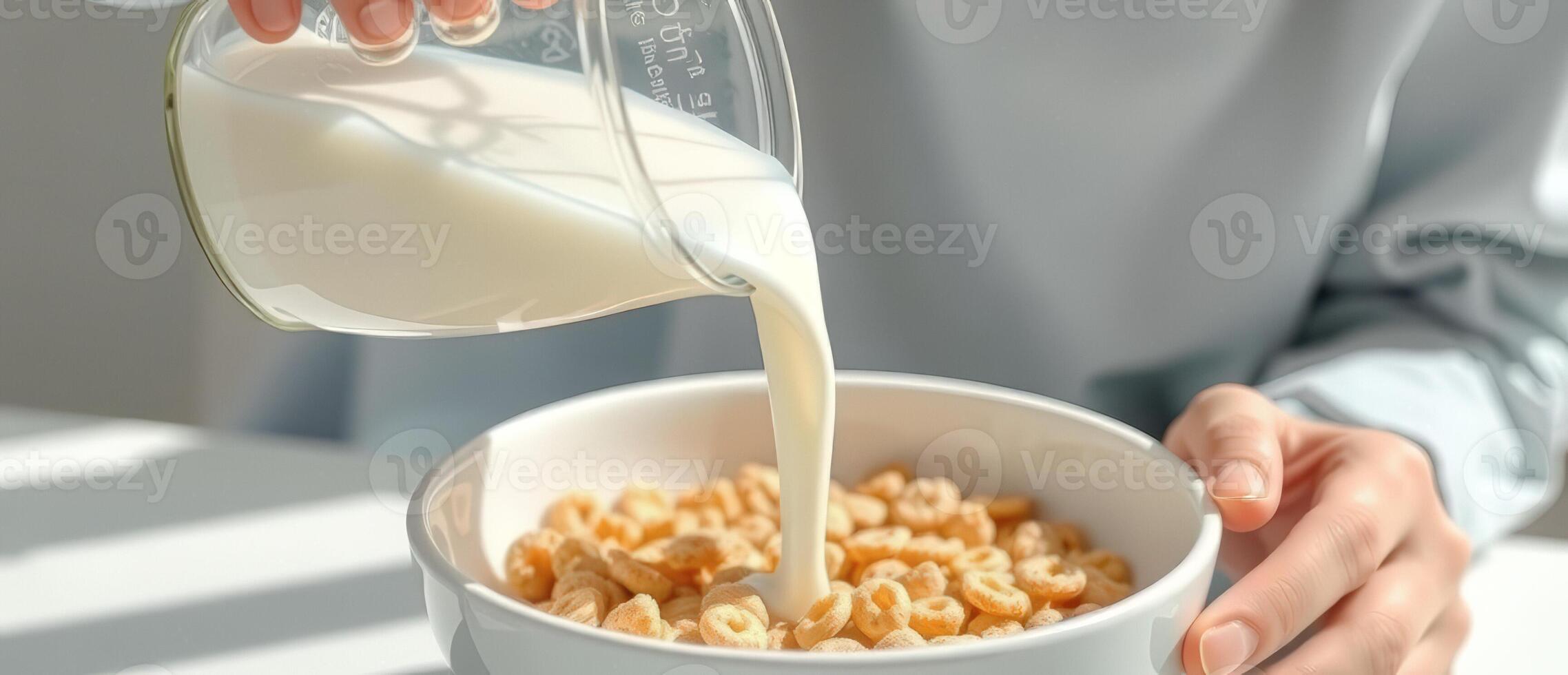 Pouring milk into a bowl of cereal photo