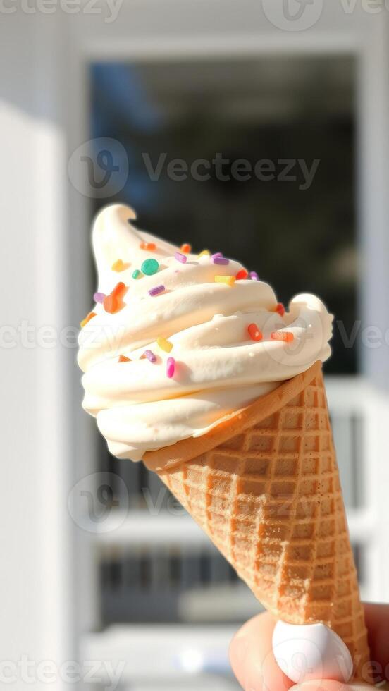 Close-up of a Vanilla Ice Cream Cone with Sprinkles photo