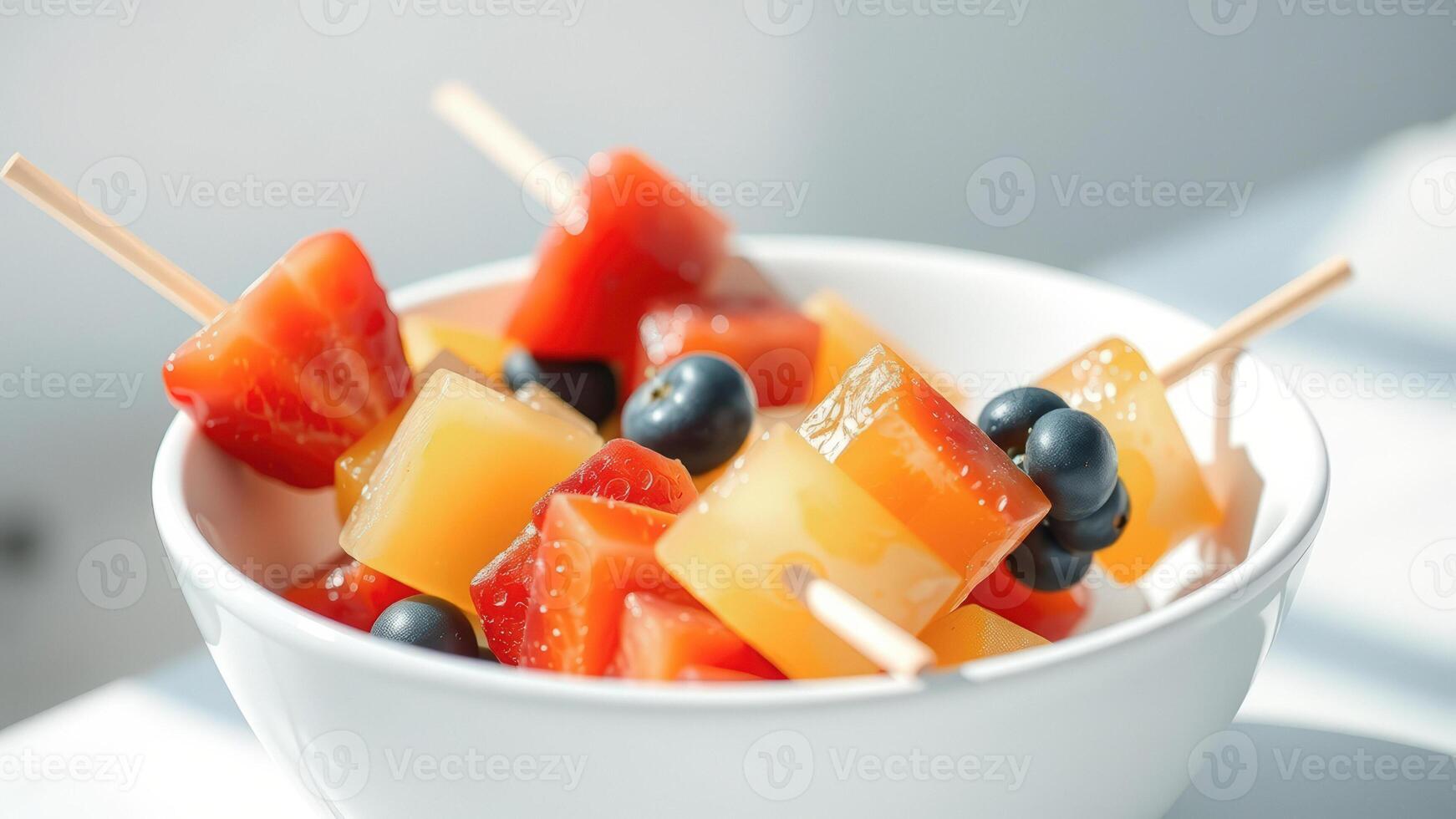 Close-up of a bowl of fresh fruit salad with blueberries, strawberries and pineapple photo