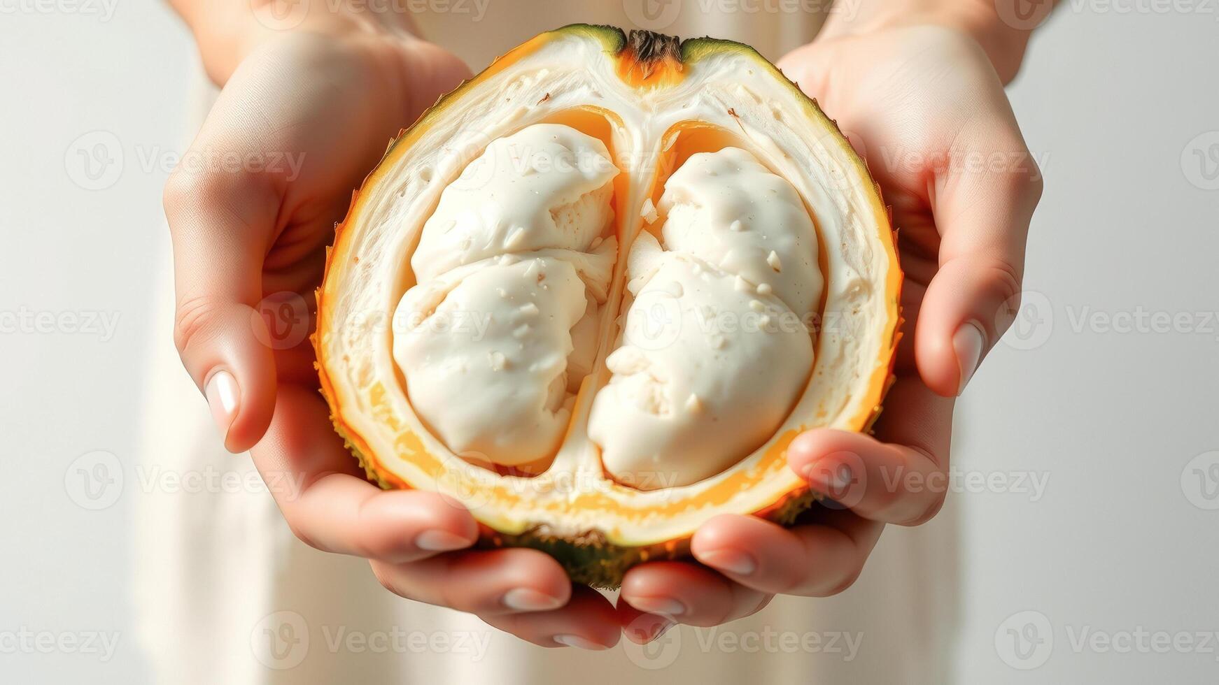 Close-up of Hands Holding a Freshly Opened Cacao Pod photo