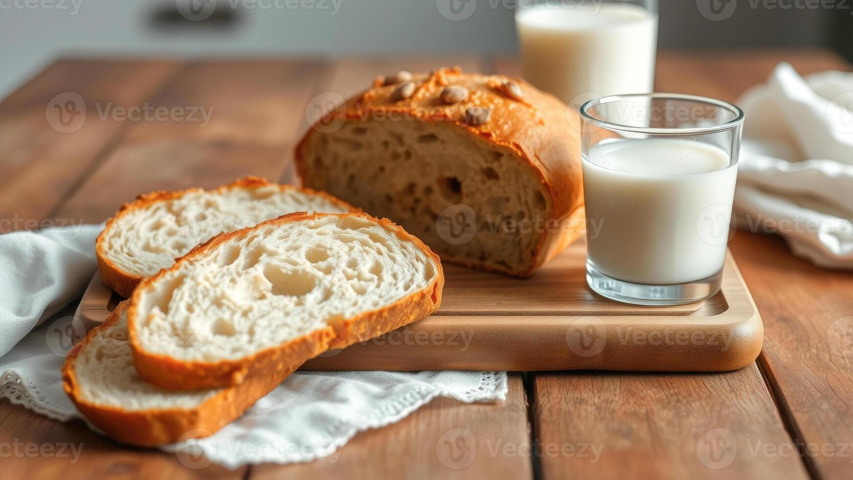 Freshly Baked Bread with Milk on Rustic Wooden Table photo